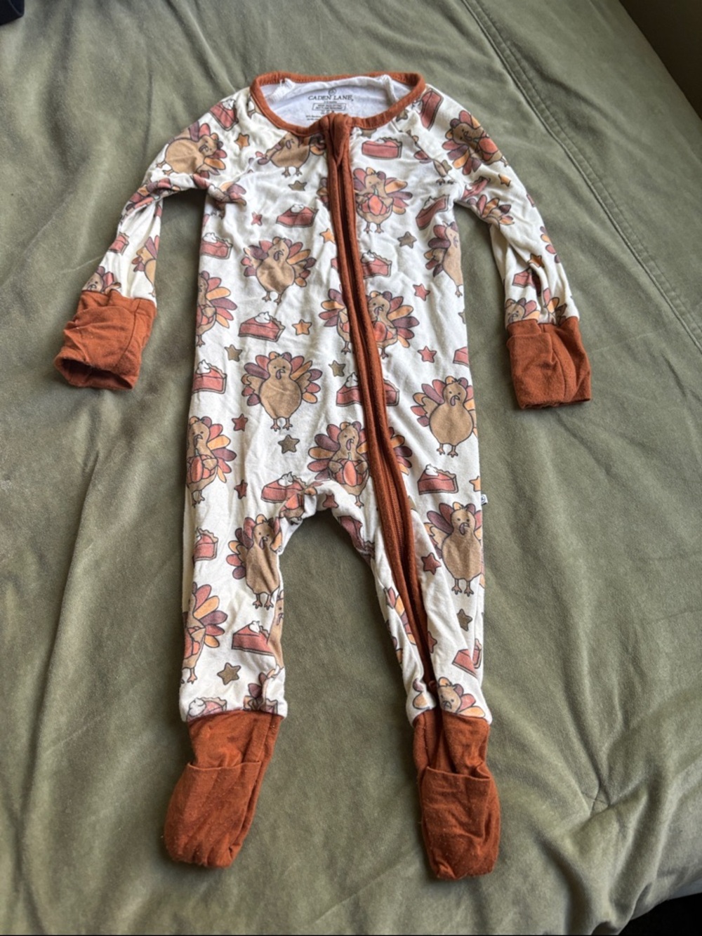 Caden Lane White One-Piece Footie with Rust Trim and Turkey Print